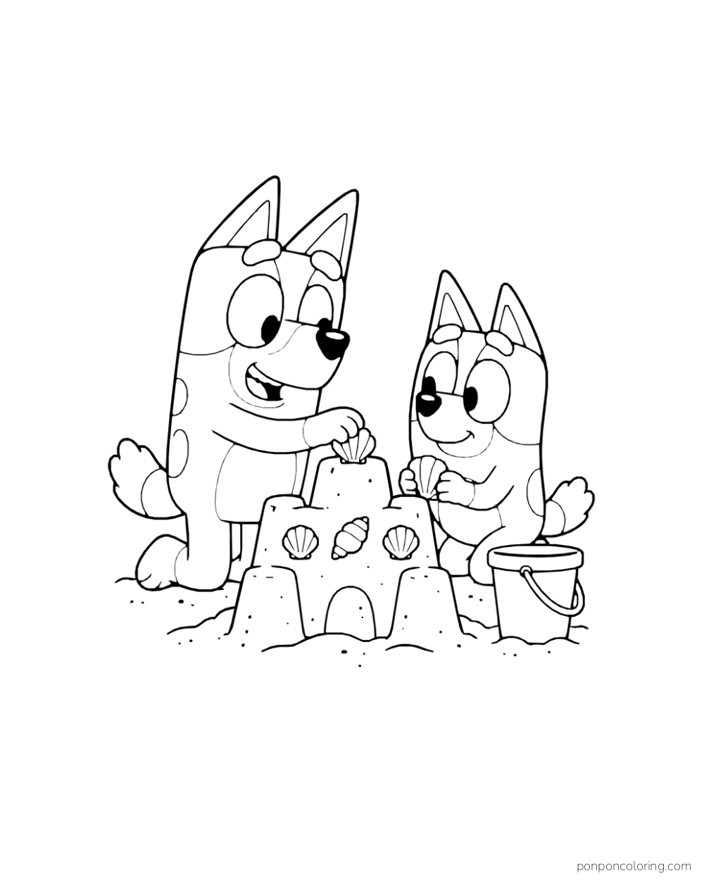 Bluey and Bingo decorate a sandcastle with seashells beside a bucket.