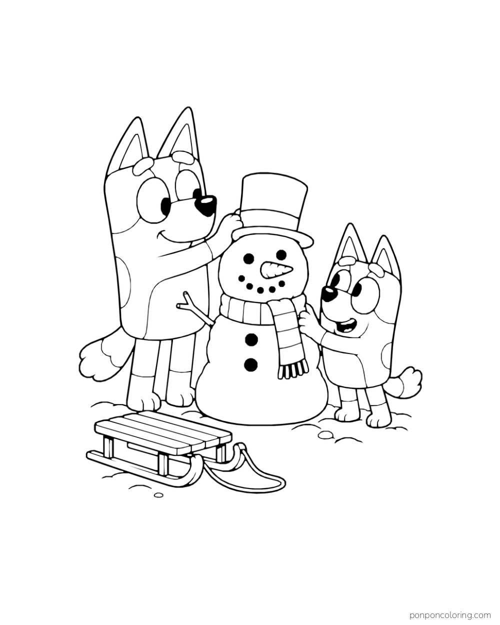 Bluey and Bingo stand beside a snowman in a top hat and scarf with a sled nearby.