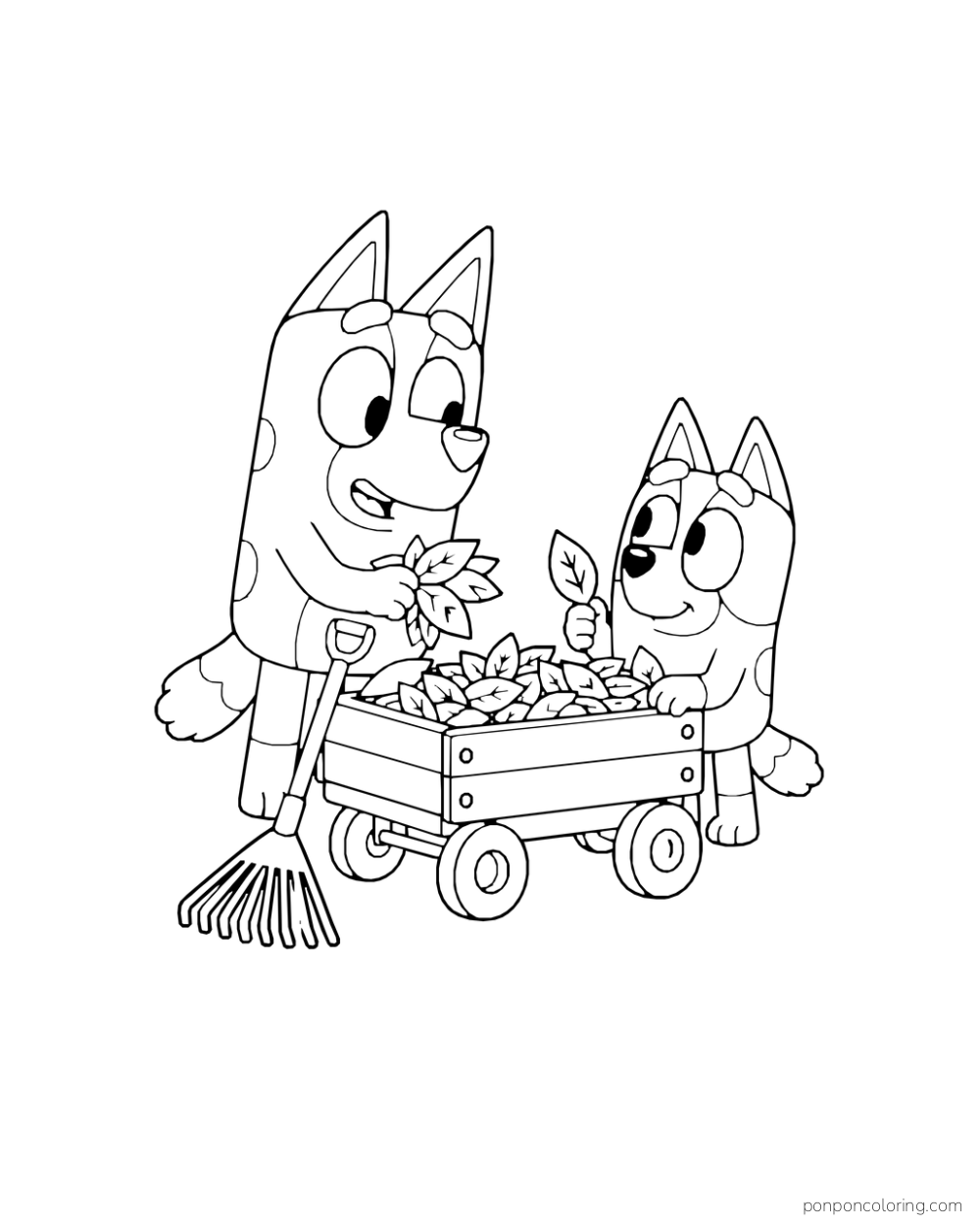 Bluey and Bingo gather leaves in a wagon beside a rake.