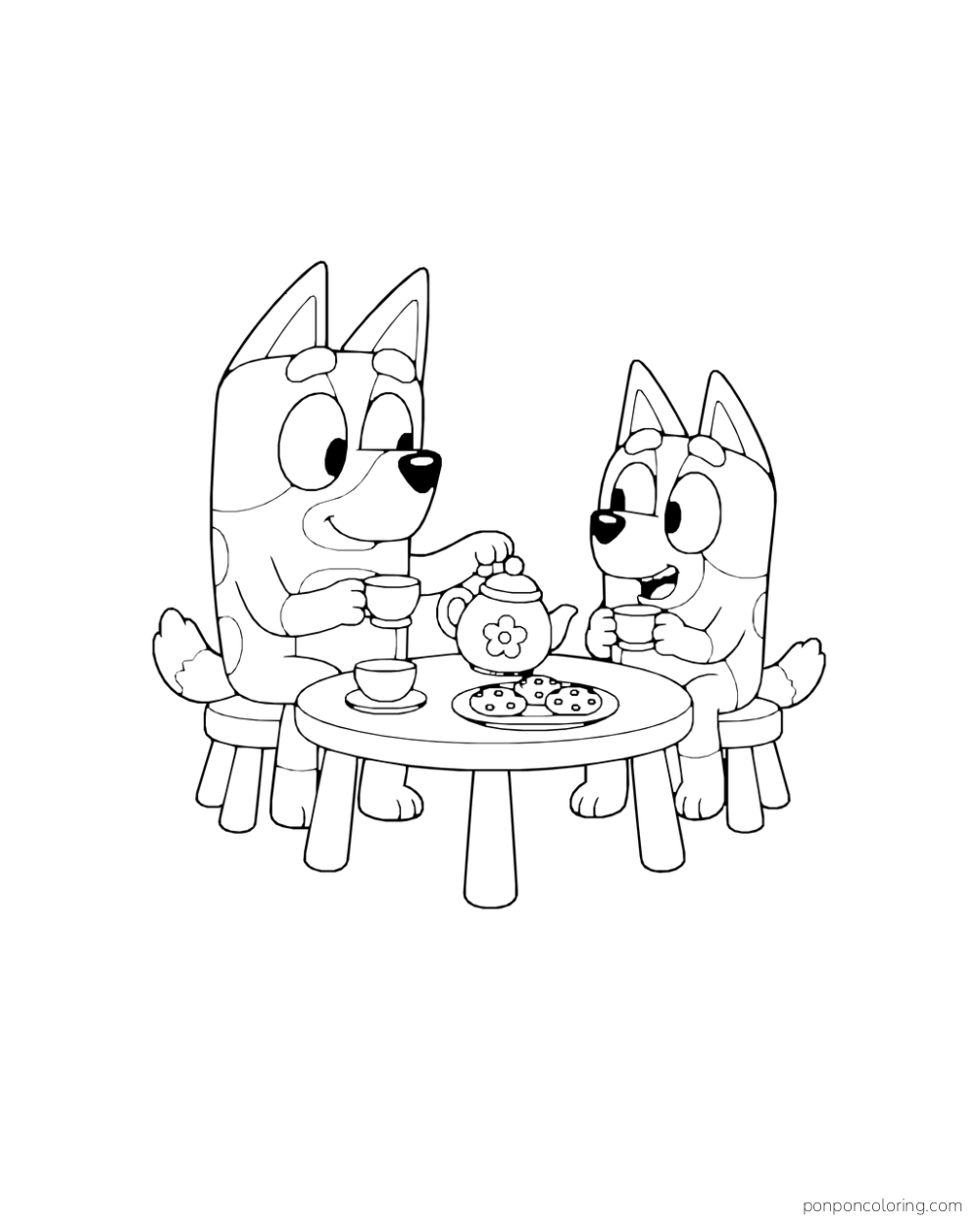 Bluey and Bingo sit at a round table with a floral teapot, cups, and a plate of cookies.