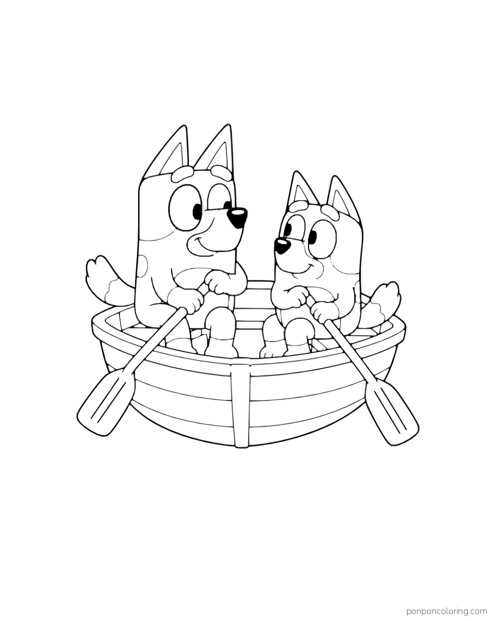 Bluey and Bingo hold oars in a small wooden rowboat.