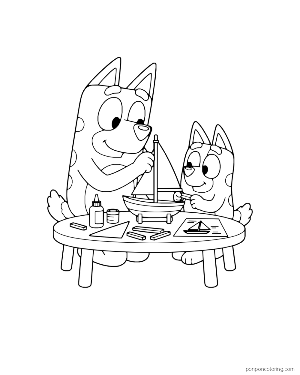 Bluey and Bingo work on a little sailboat at a table with craft supplies.