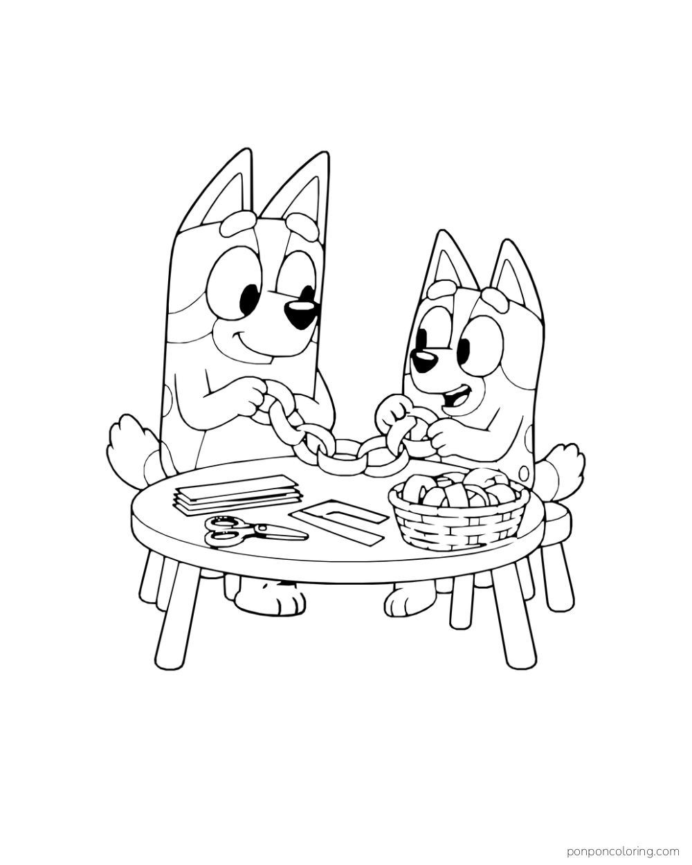 Bluey and Bingo join paper loops at a round table beside scissors, paper strips, and a basket.