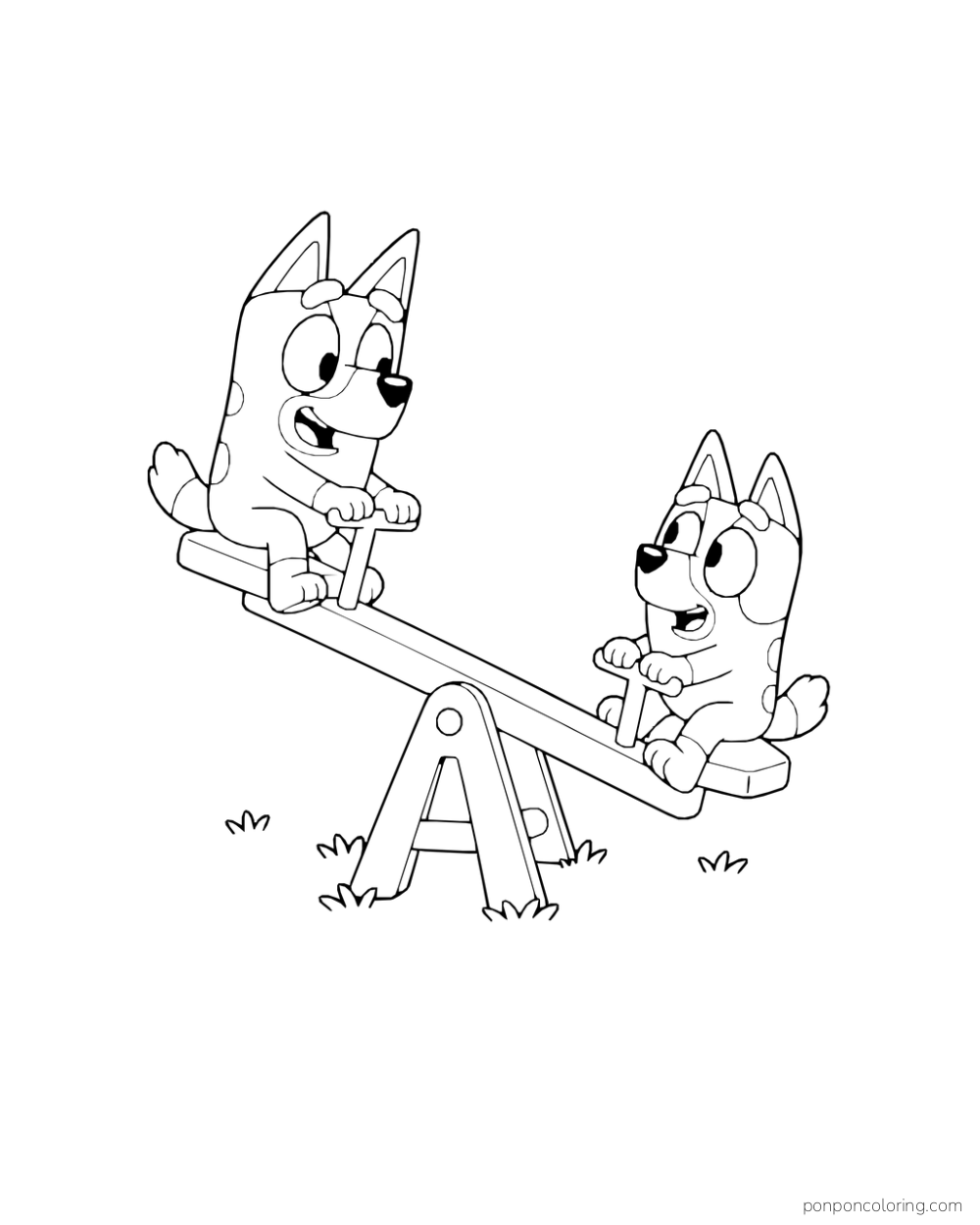 Bluey and Bingo sit at opposite ends of a freestanding seesaw.
