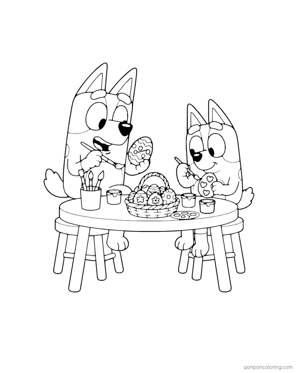 Bluey and Bingo paint patterned eggs at a round table with paint cups and a basket.