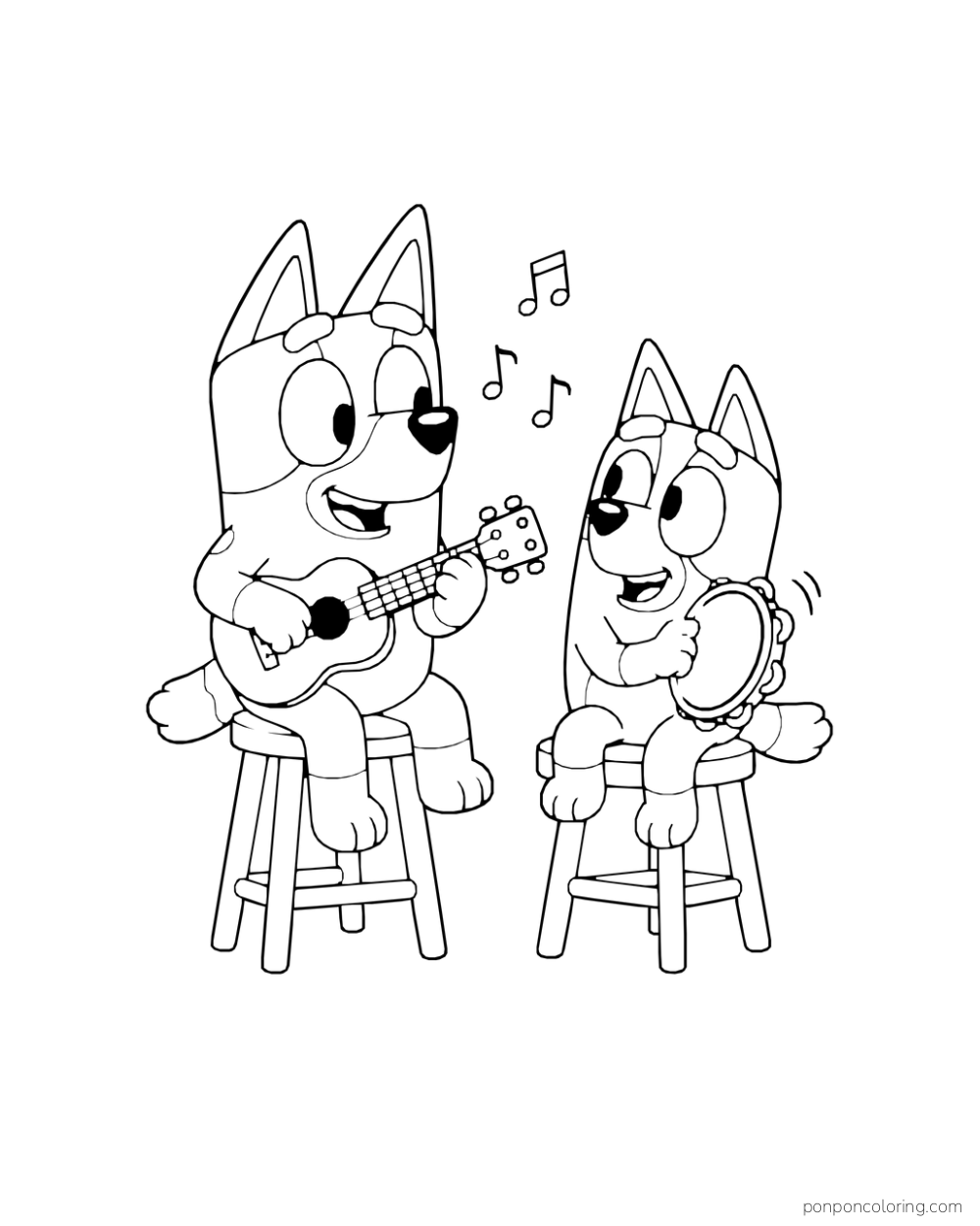 Bluey plays a small guitar while Bingo shakes a tambourine, both sitting on stools.