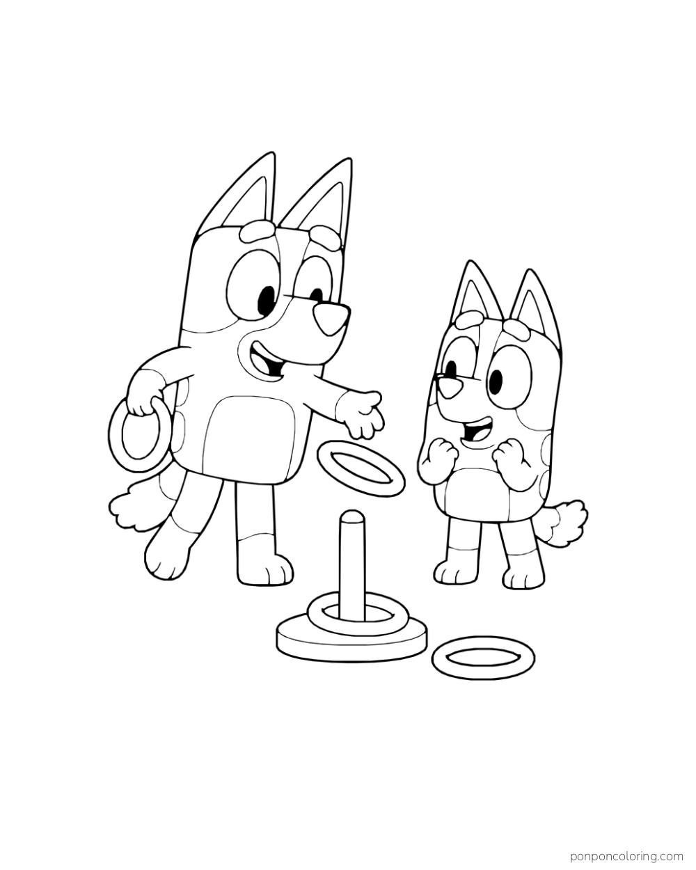 Bluey tosses a ring toward a peg while Bingo watches.