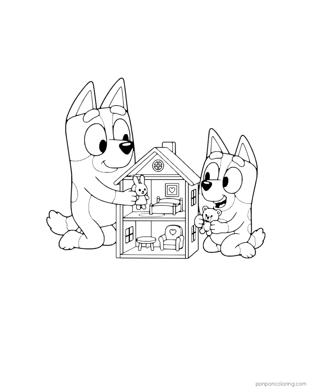 Bluey and Bingo sit beside an open dollhouse with miniature furniture and dolls.