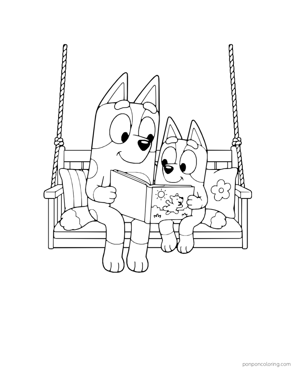 Bluey and Bingo share a picture book on a hanging bench with cushions.