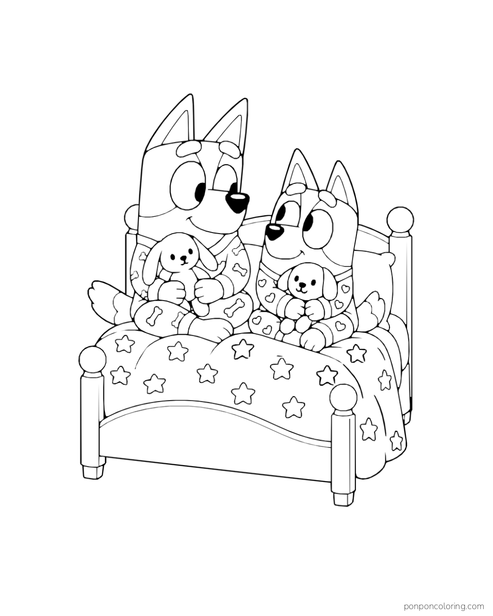 Bluey and Bingo hold toy rabbits in a bed with a star-patterned blanket.