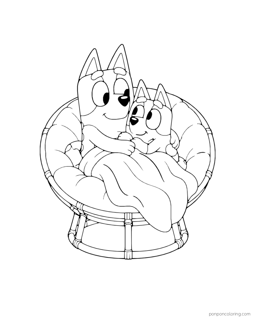 Bluey and Bingo cuddle beneath a blanket in a wide round chair.