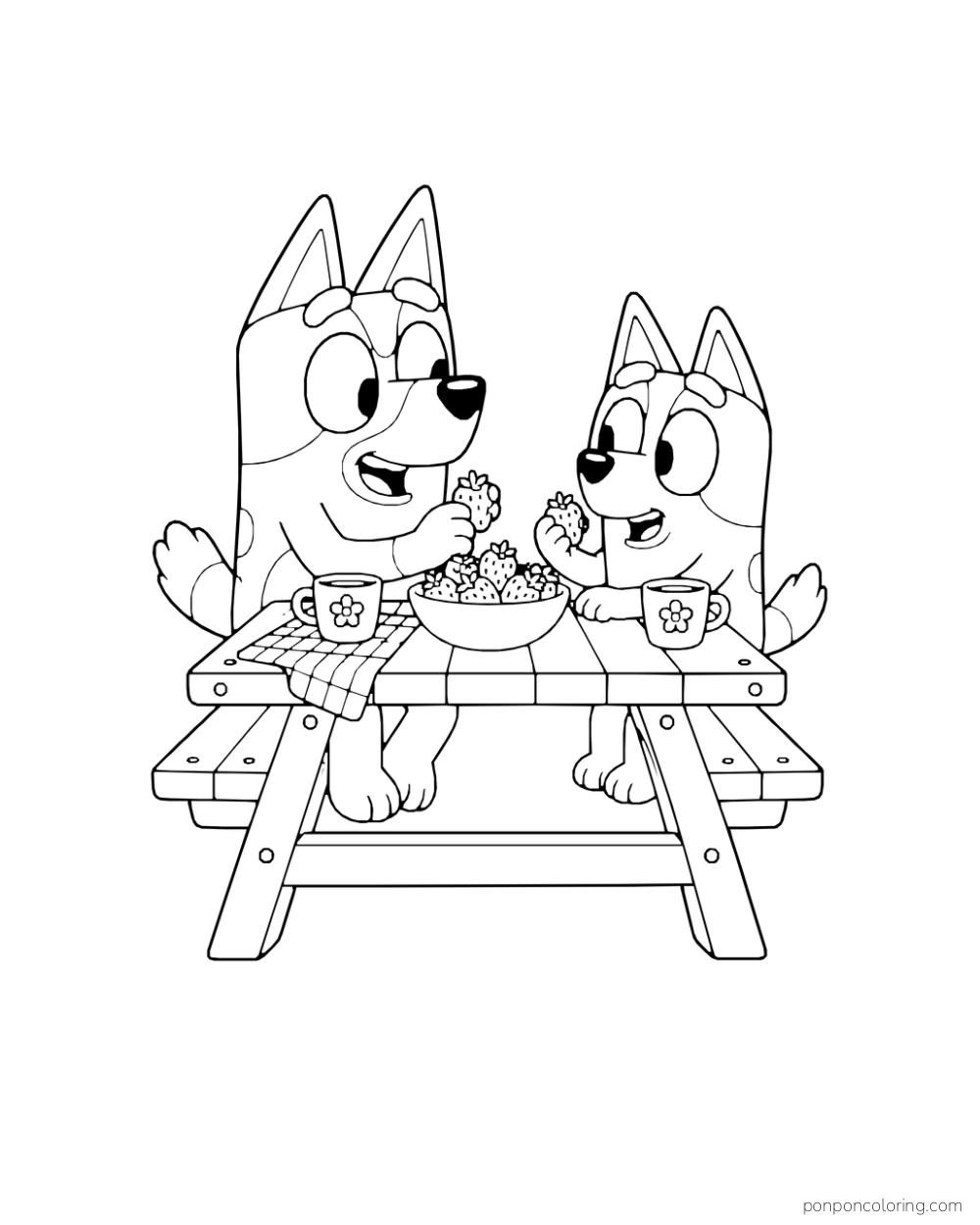 Bluey and Bingo sit at a picnic table with cups and a bowl of snacks.