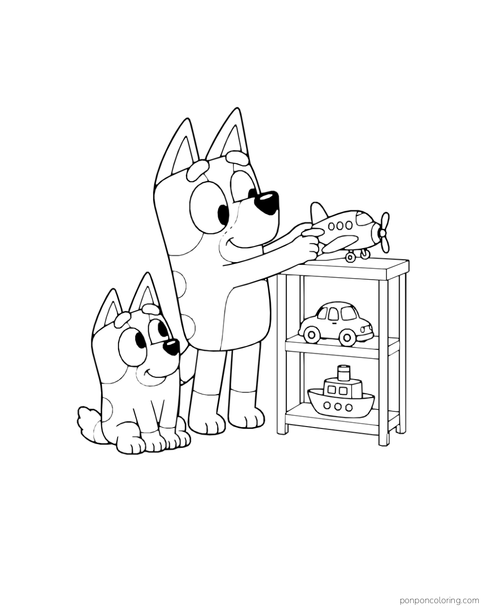 Bluey sets a toy airplane on a shelf with a car and boat while Bingo watches.