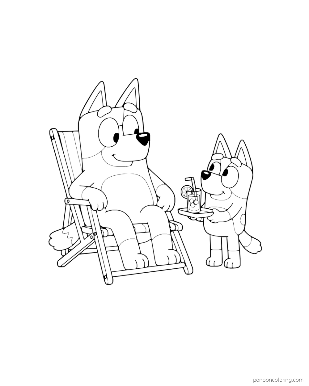 Bluey brings a glass on a tray to Bandit resting in a deckchair.