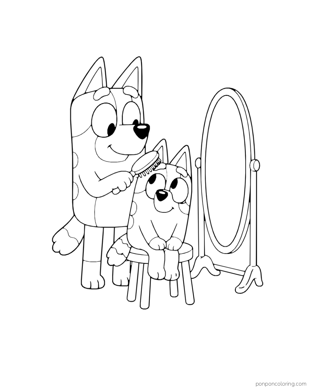 Bluey brushes Bingo while Bingo sits on a stool beside an oval standing mirror.