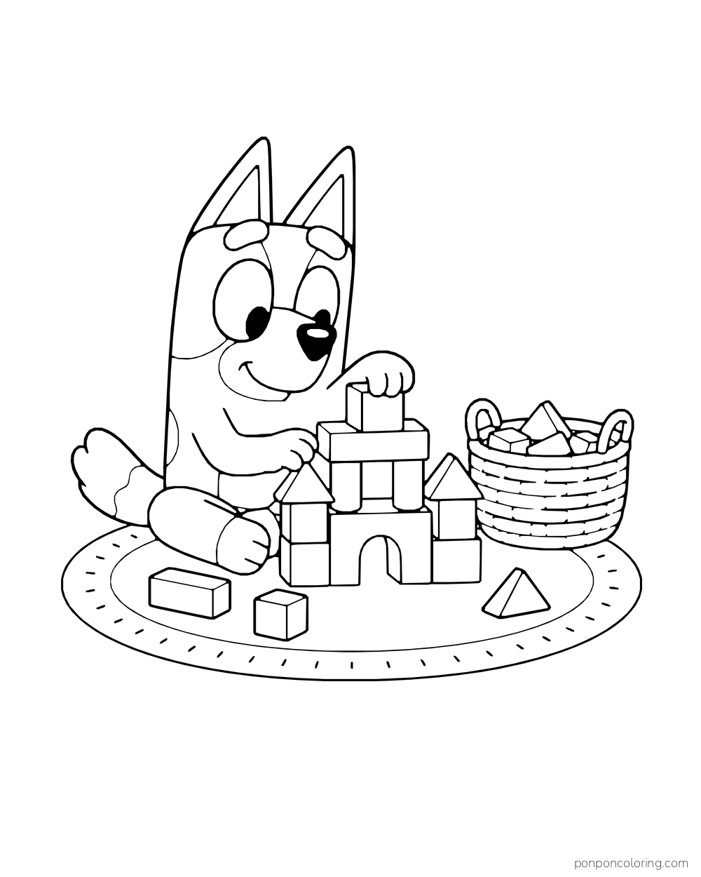 Bluey stacks blocks into a little castle on a round rug beside a basket of blocks.