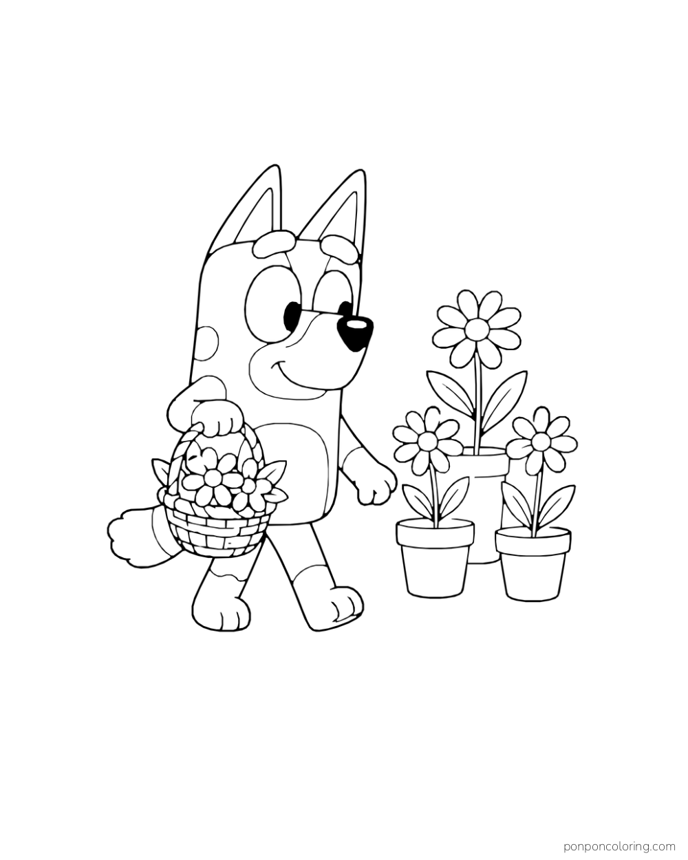 Bluey carries a flower basket beside three pots of daisies.