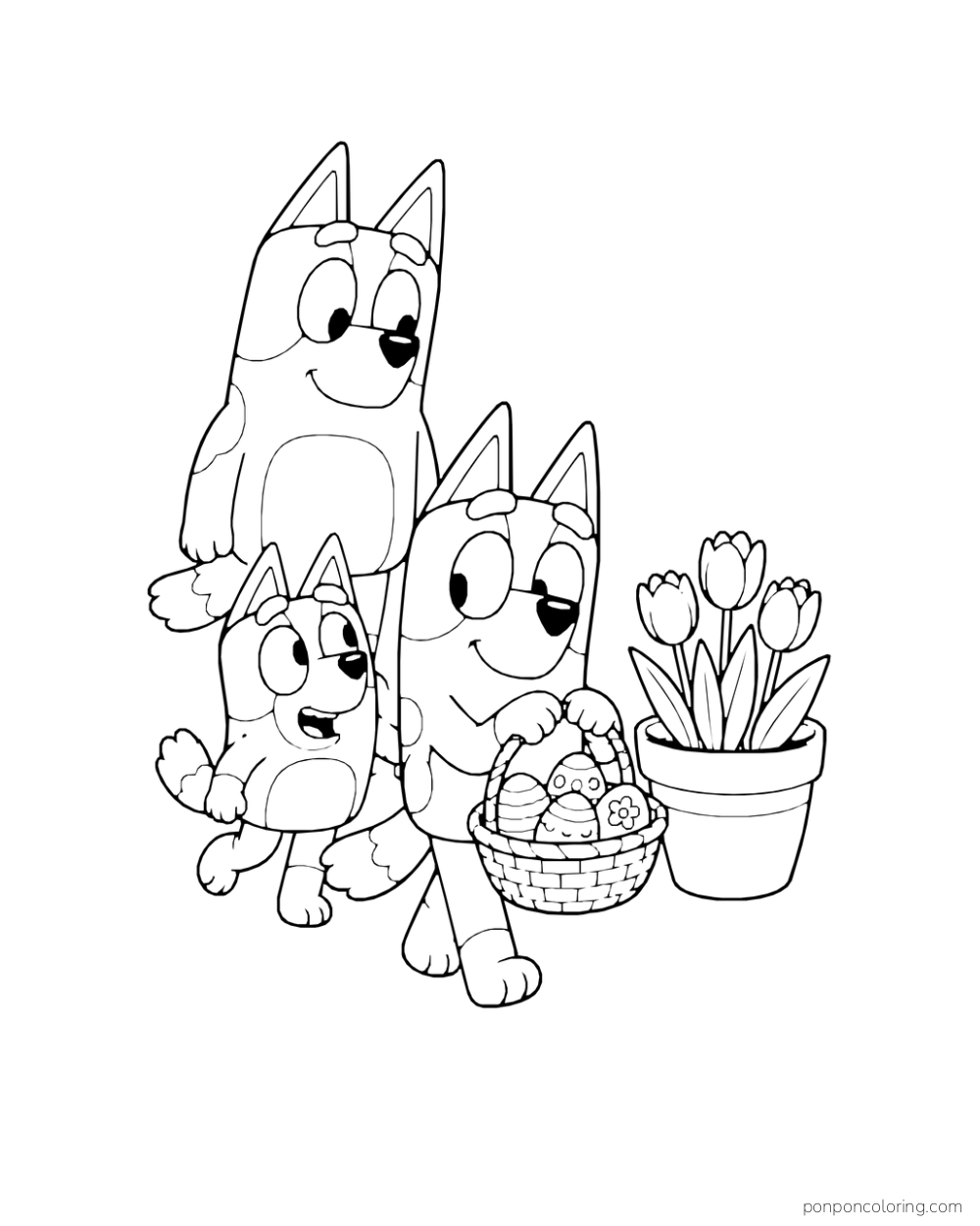 Bluey carries a basket of decorated eggs with Bingo and Bandit beside a pot of tulips.
