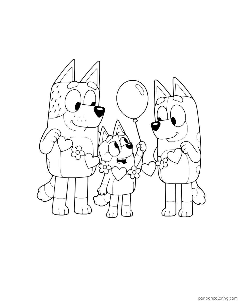 Bluey holds a balloon while Bandit and Chilli hold a flower and heart garland.