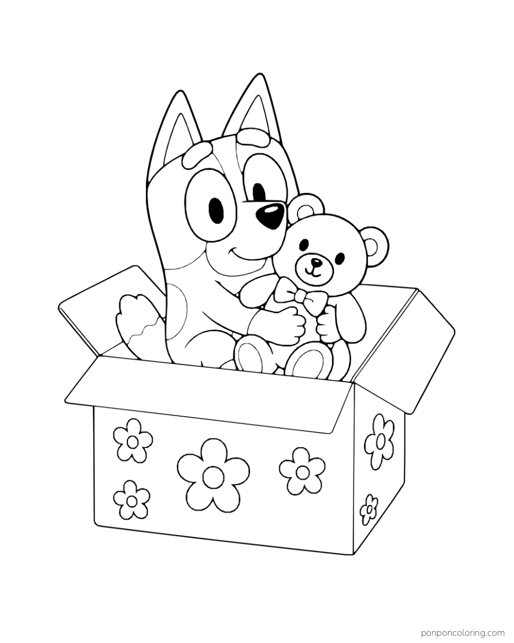 Bluey holds a teddy bear inside a cardboard box decorated with flowers.