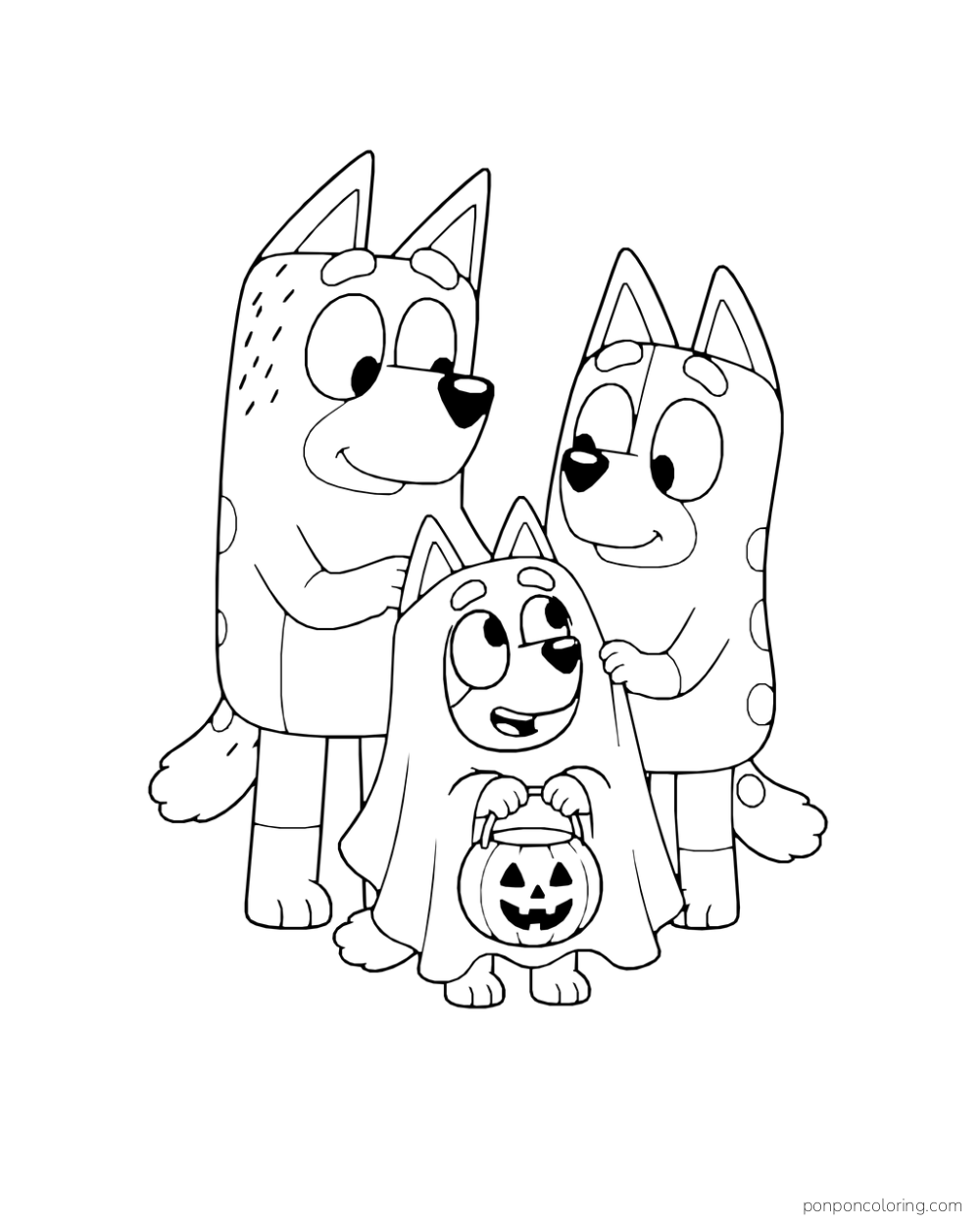 Bluey wears a ghost costume and holds a pumpkin basket while Bandit and Chilli stand behind her.