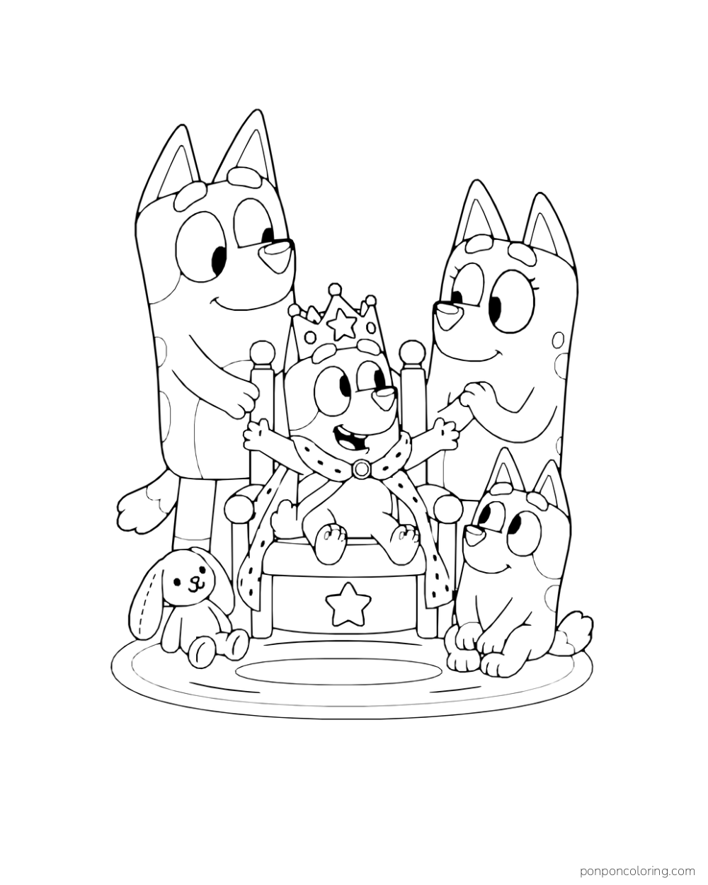 Bluey wears a crown on a small throne with Bingo, Bandit, Chilli, and a toy rabbit nearby.