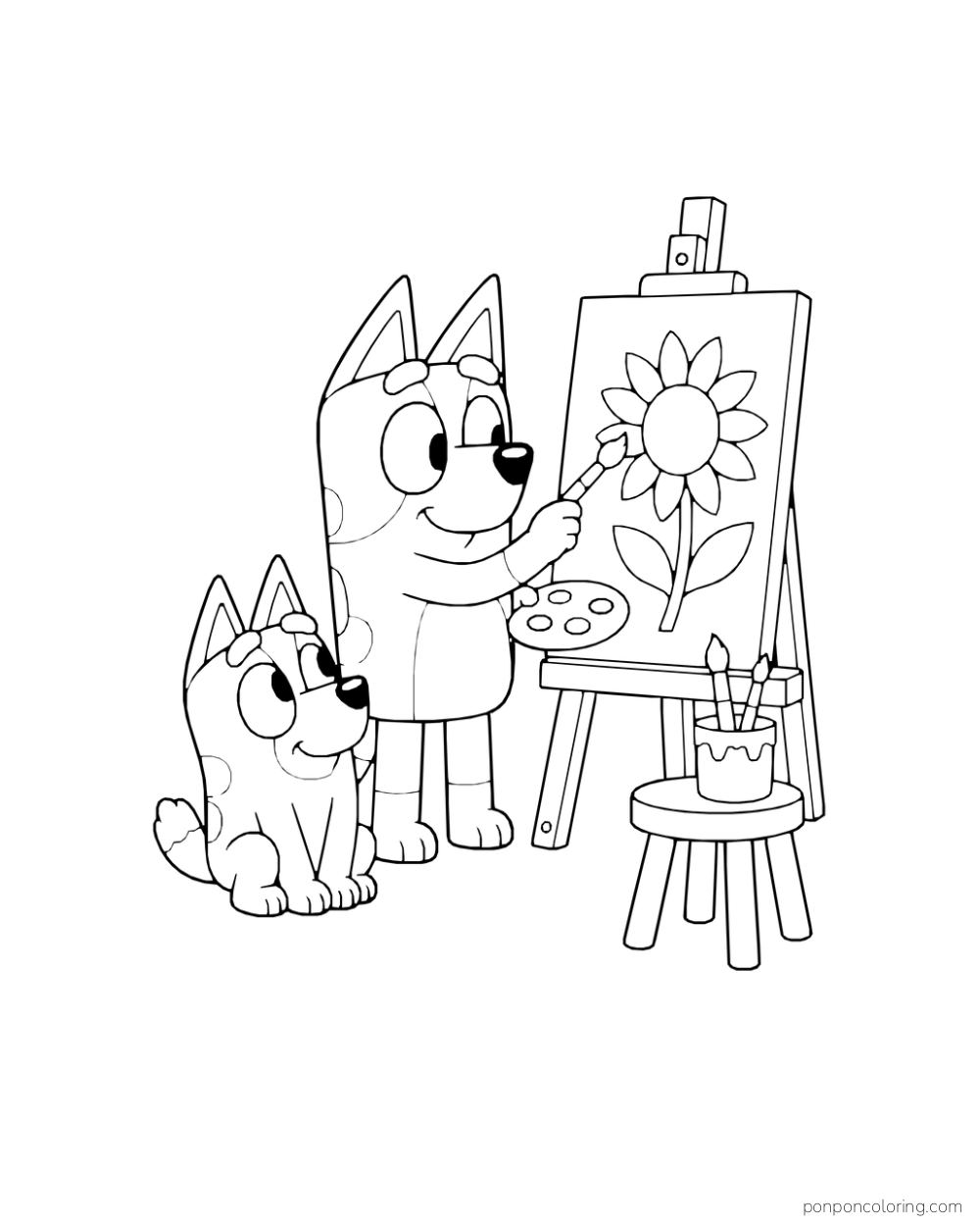 Bluey paints a sunflower at an easel while Bingo watches beside a stool holding brushes.
