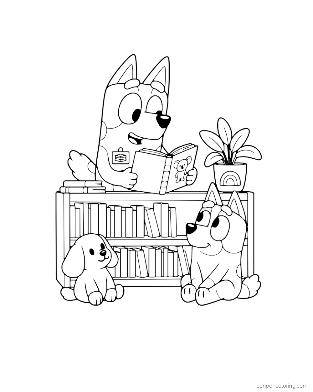 Bluey reads behind a low bookcase while Bingo sits beside a toy bunny.