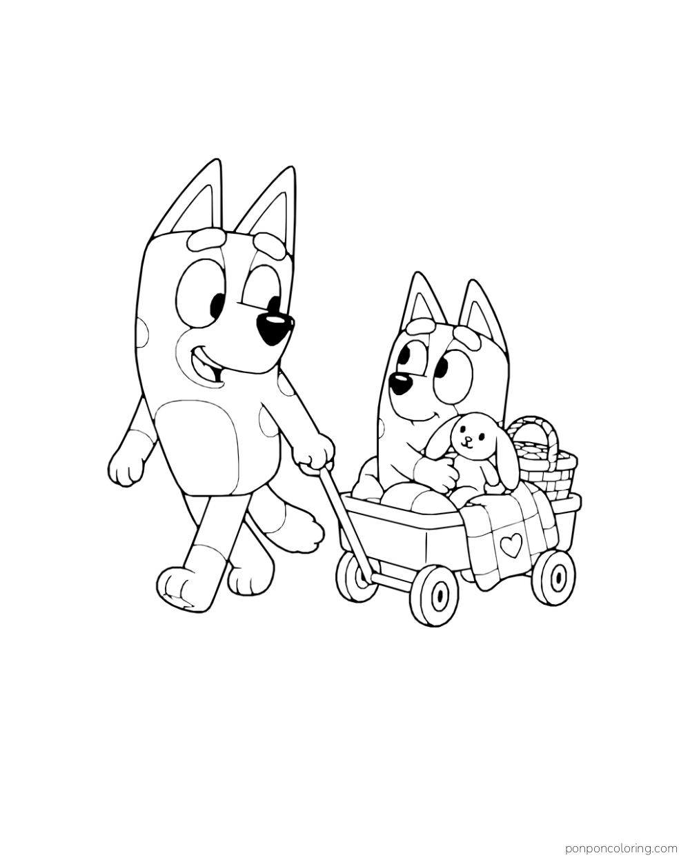 Bluey pulls a wagon carrying Bingo, a toy rabbit, and a picnic basket.