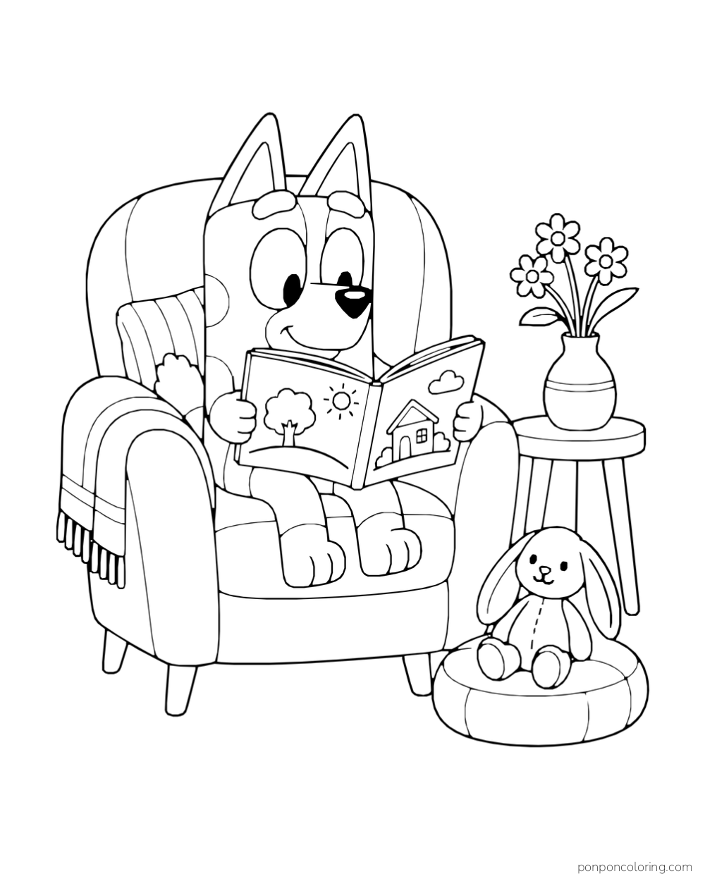 Bluey reads a picture book in an armchair beside a vase of daisies and a toy rabbit on a cushion.