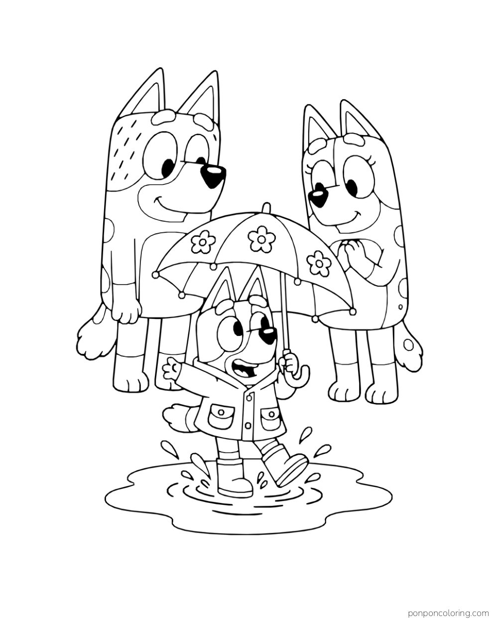 Bluey wears boots and a raincoat in a puddle while Bandit and Chilli stand behind a floral umbrella.