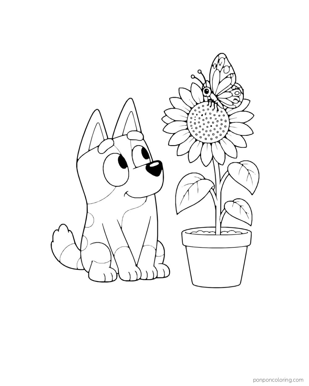 Bluey sits beside a potted sunflower with a butterfly resting on its petals.