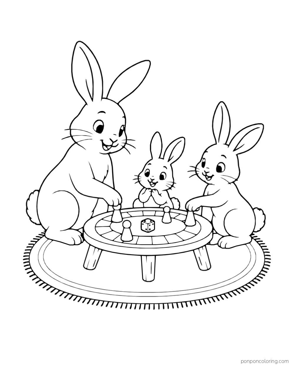 An adult rabbit and two young rabbits play a board game around a low round table on a rug.