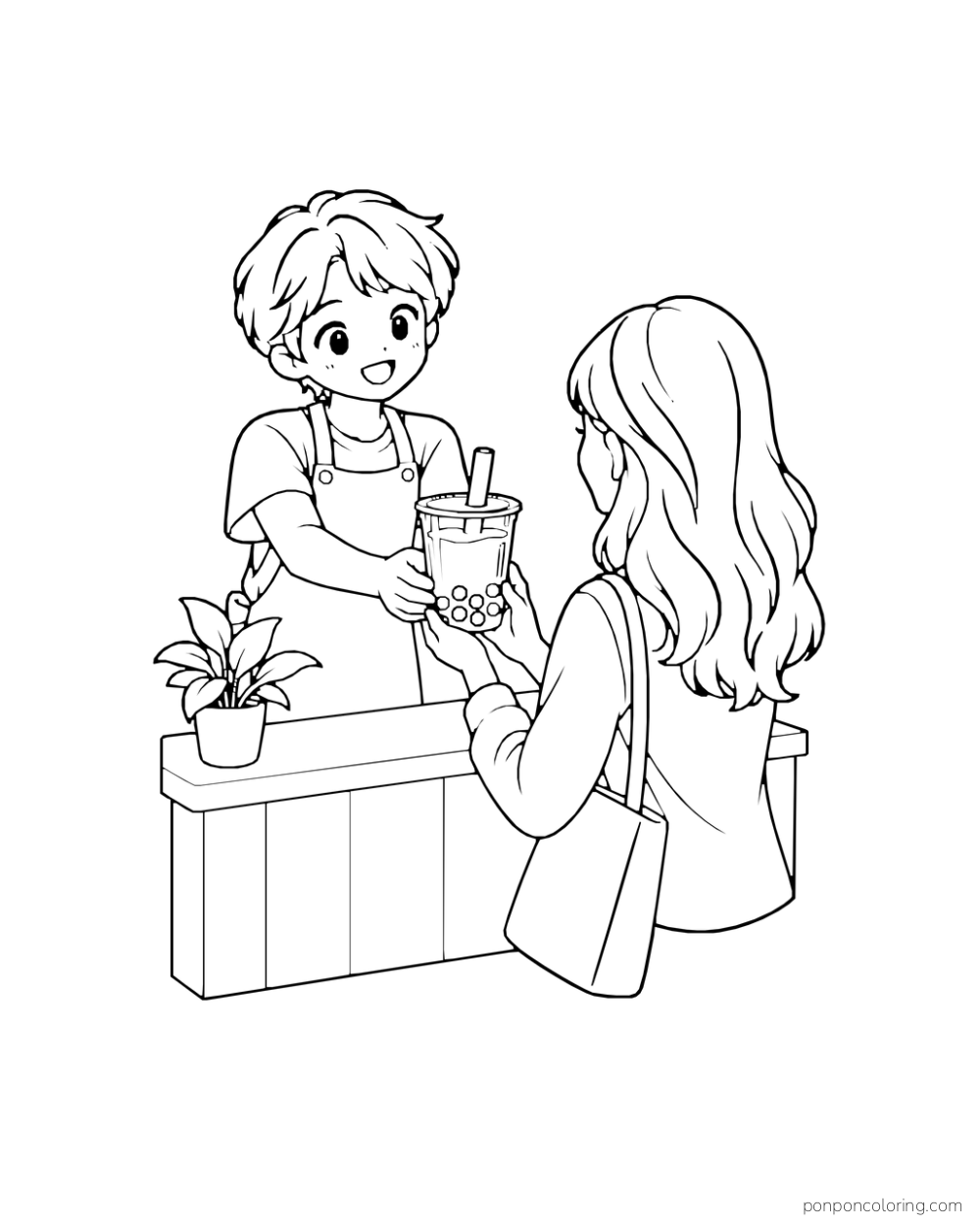 A worker hands a boba cup across a small counter to a customer with a shoulder bag.