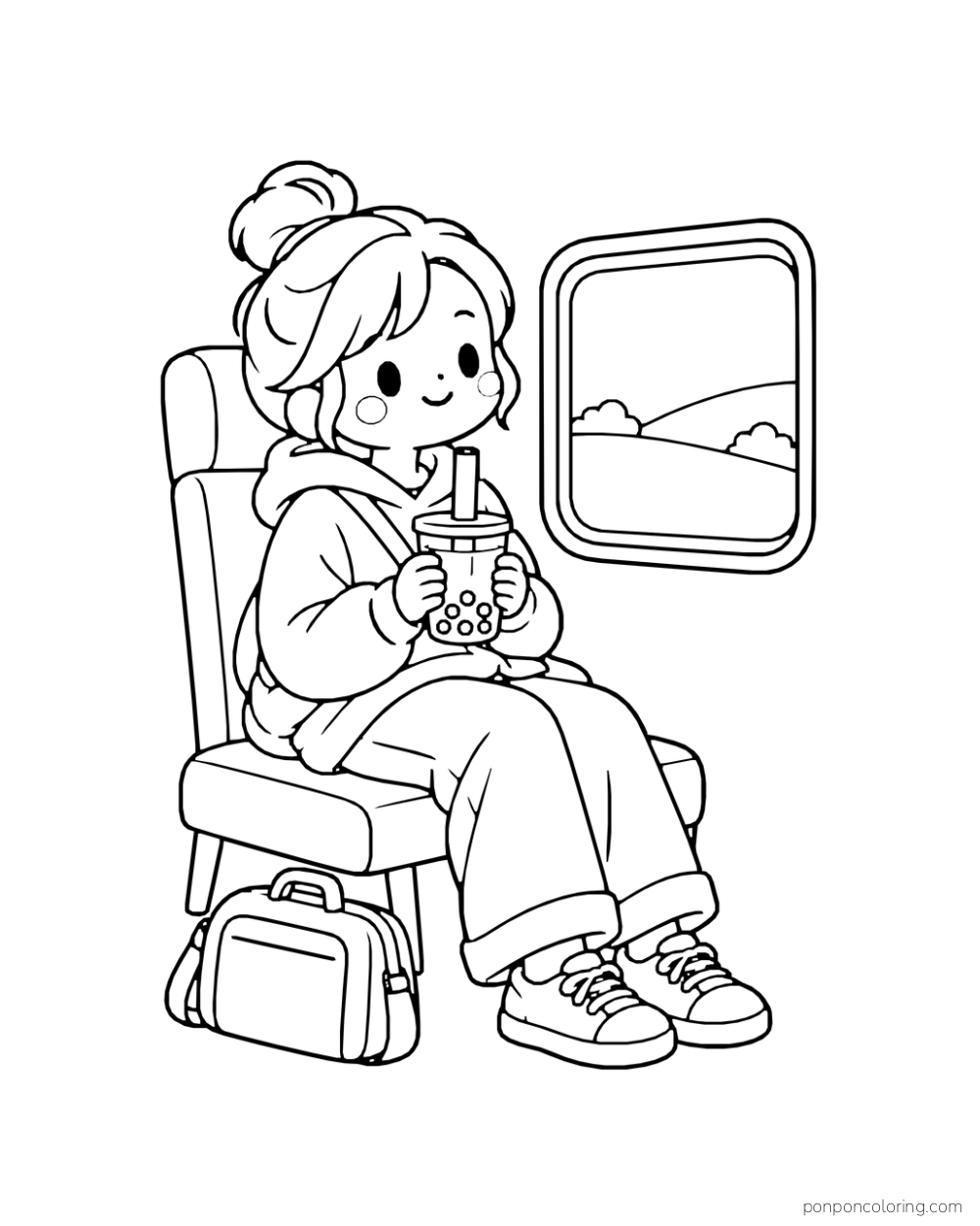 A seated traveler holds boba by a train window with a bag at their feet.