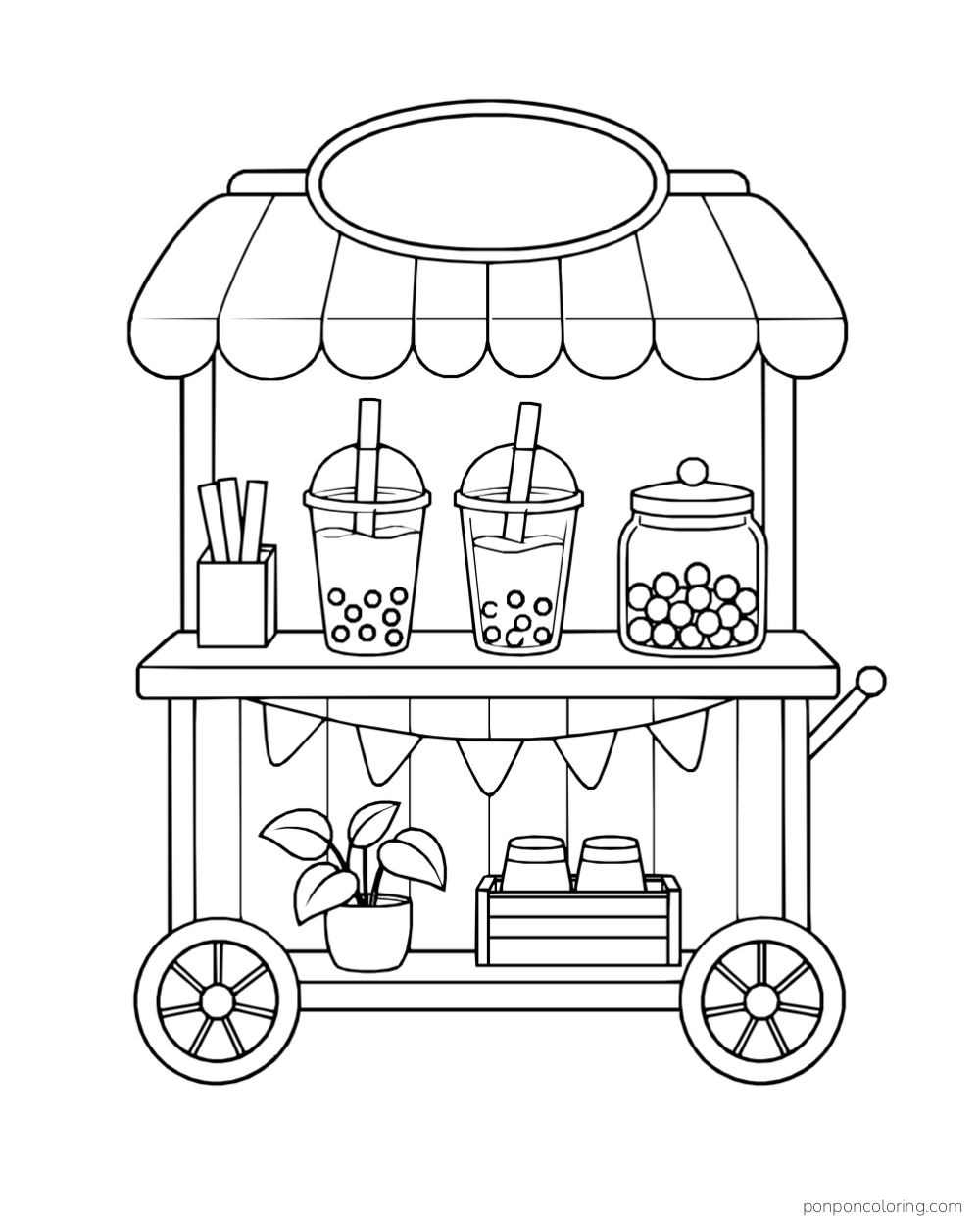 A two-wheeled boba tea cart holds two drinks, a lidded pearl jar, and a straw holder, with bunting, a blank oval sign, and supplies below.