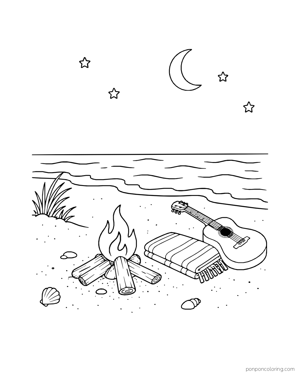 A small beach bonfire sits beside a folded blanket and guitar beneath a crescent moon.