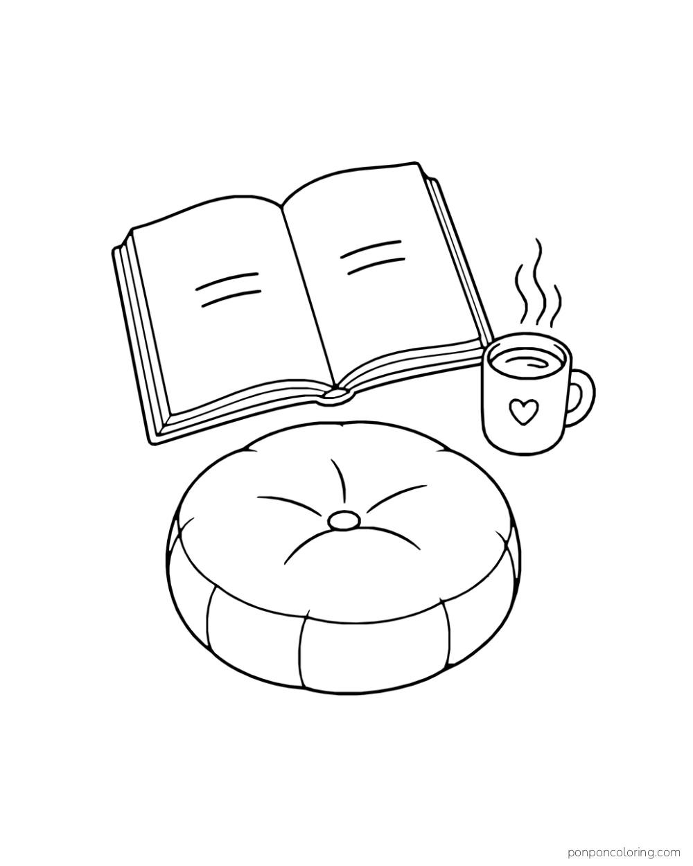 An open blank book sits beside a steaming cocoa mug and a round floor cushion.