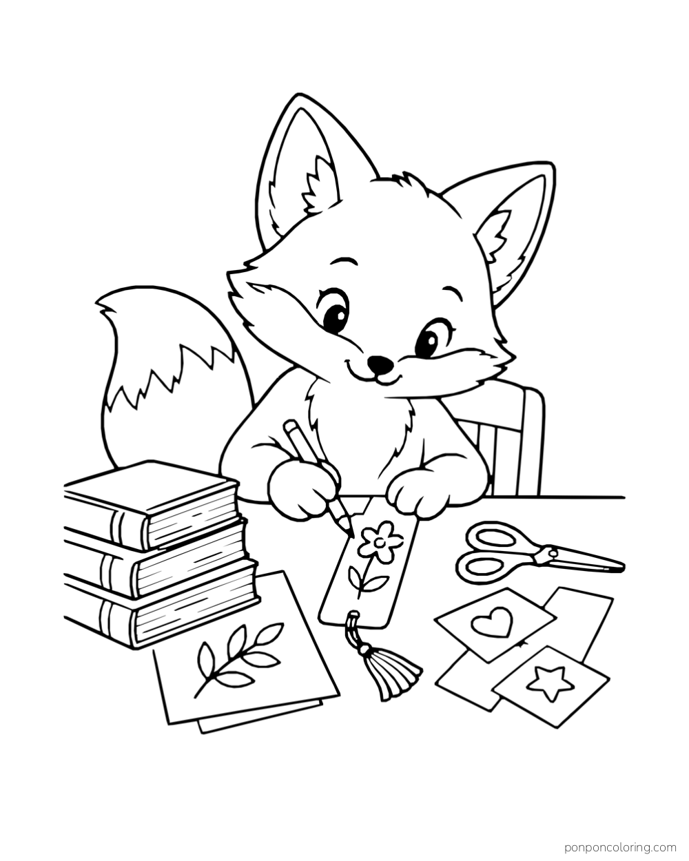 A fox decorating a paper bookmark at a desk beside books, scissors, and cut paper shapes.