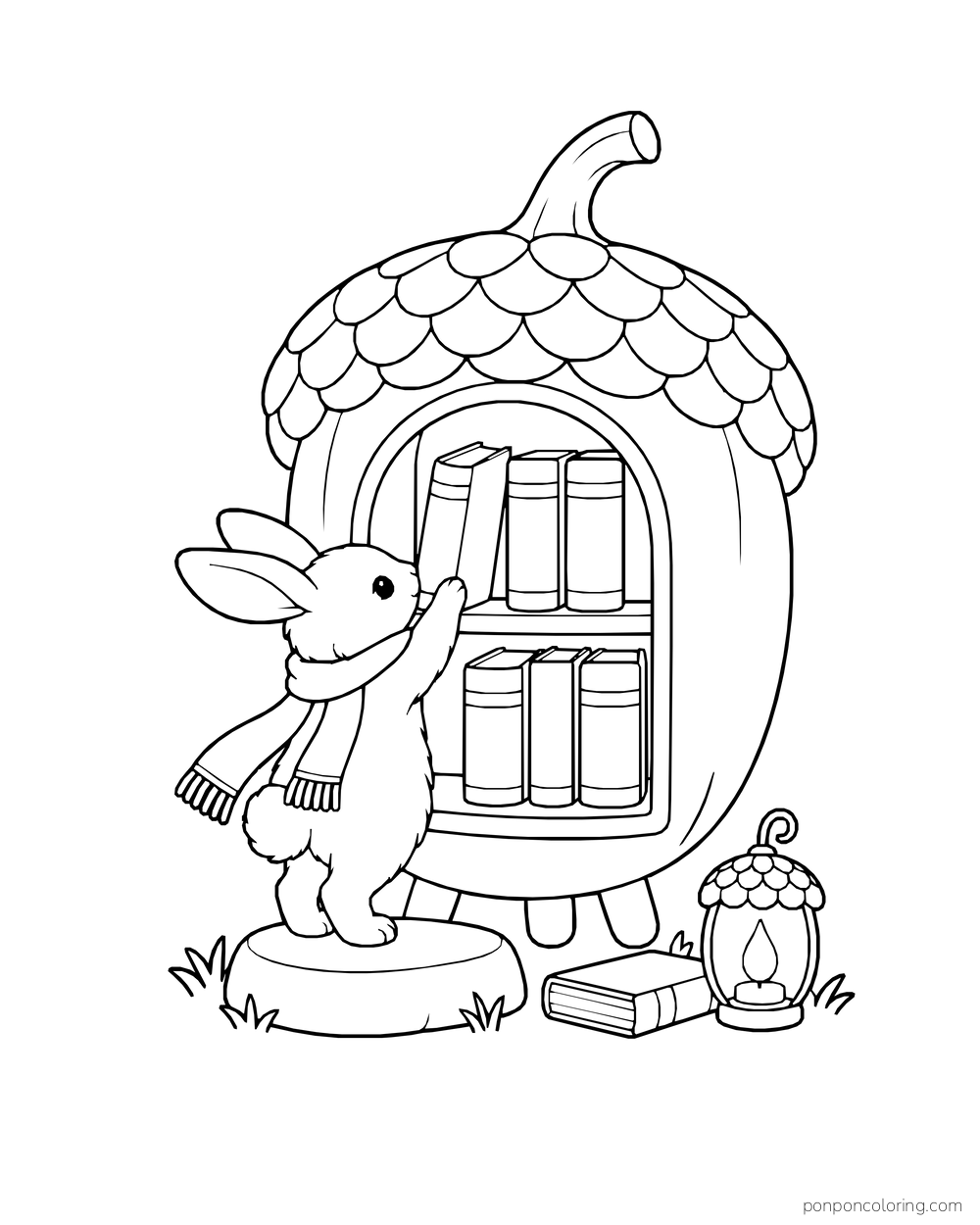 A rabbit reaches toward books on the shelves of an acorn-shaped library kiosk, beside a small lantern.