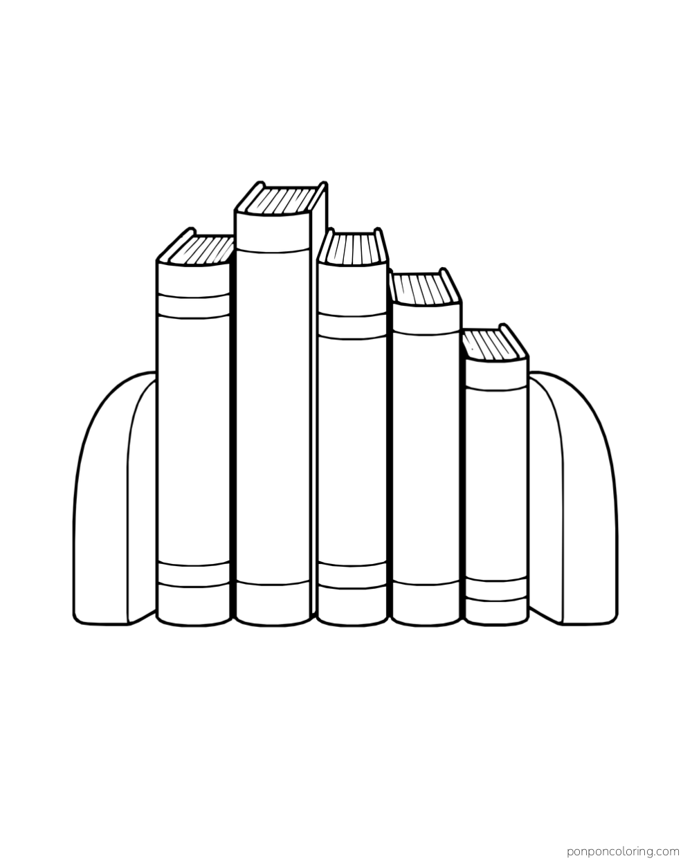 Five upright books of varied heights held between two rounded bookends.