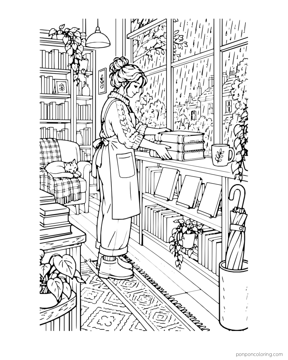 A shopkeeper stacks books near a window while rain falls outside.