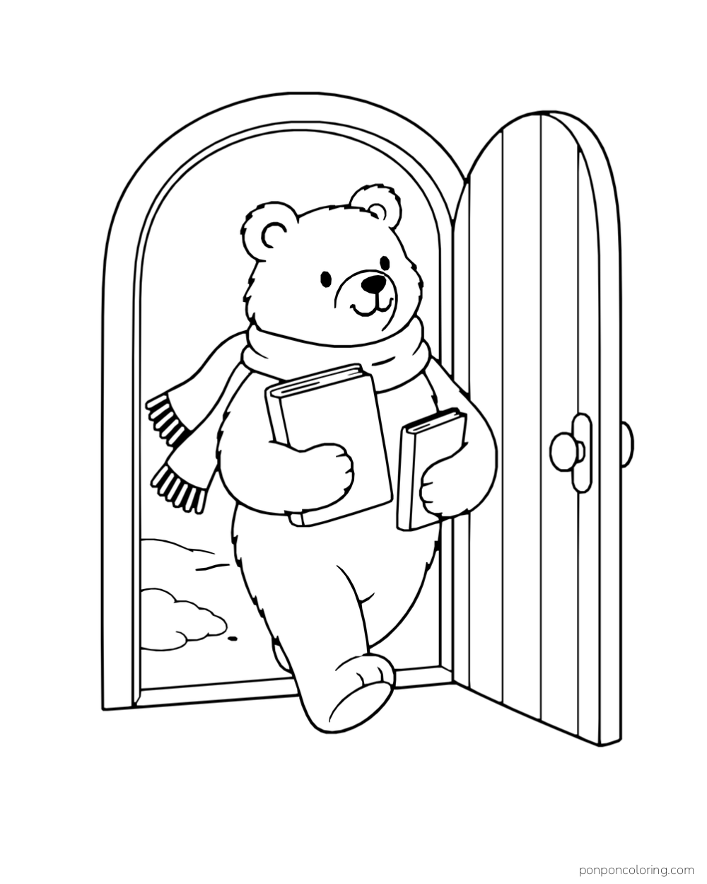A scarf-wearing bear carrying books through an arched doorway with snow outside.