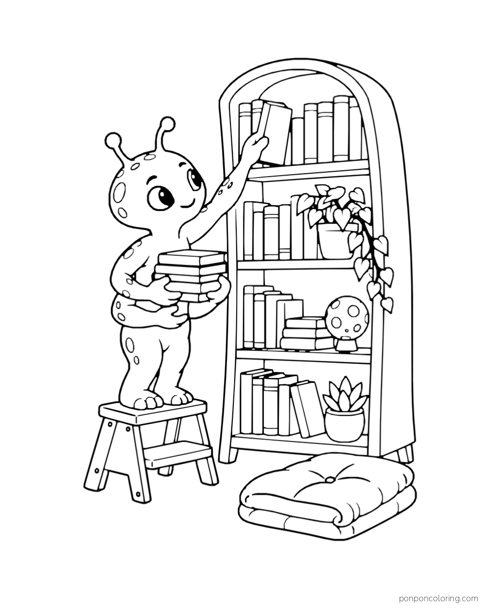A four-armed alien returns books to a curved shelf.