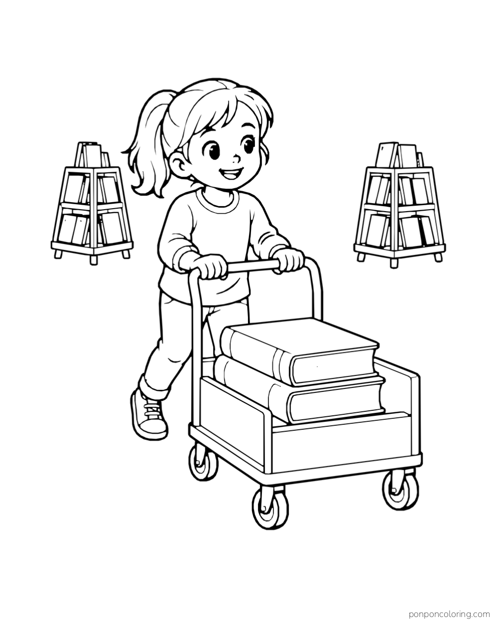 A child pushing a low cart loaded with three large books between two small display stands.