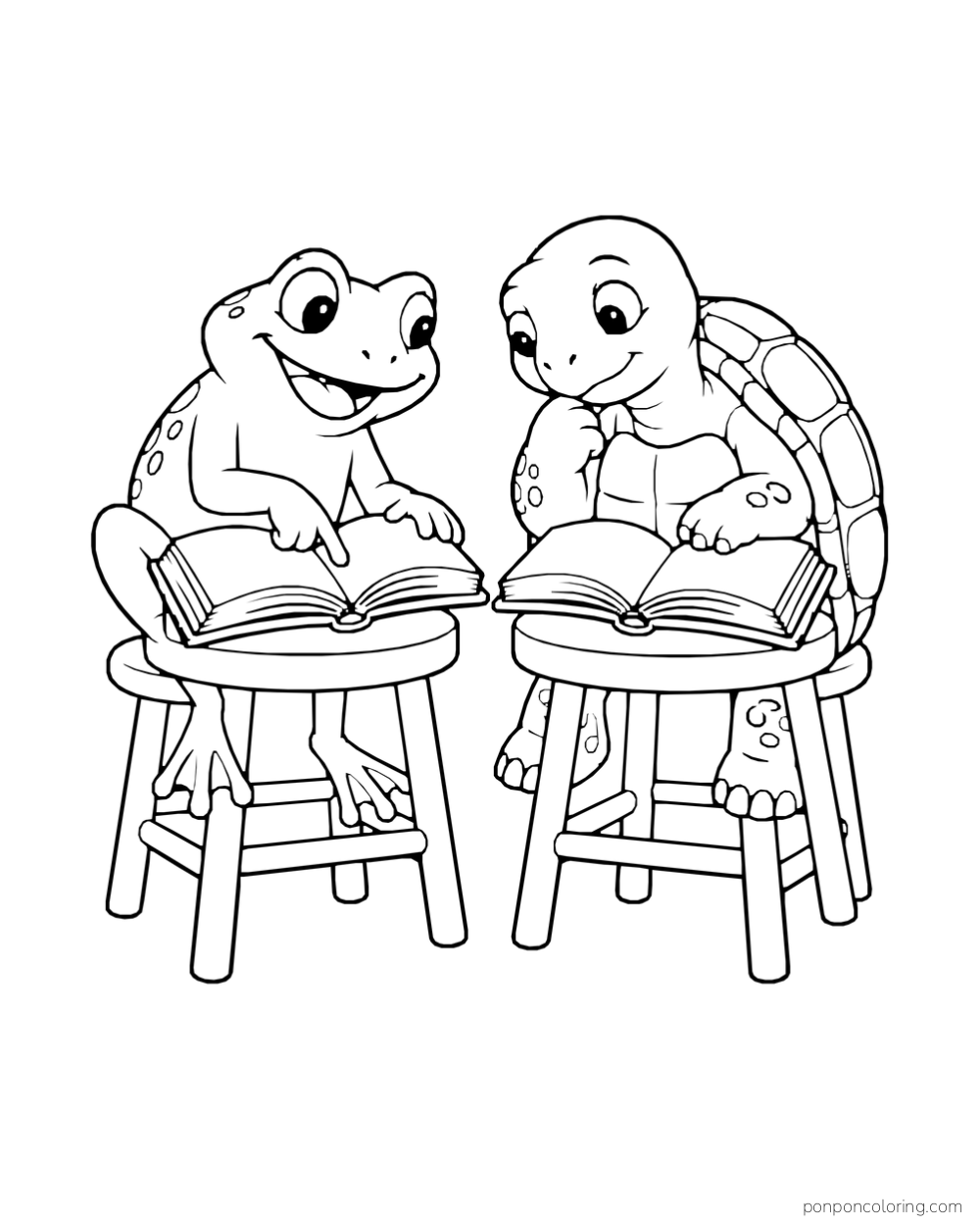 A frog and tortoise reading separate open books while seated on stools.