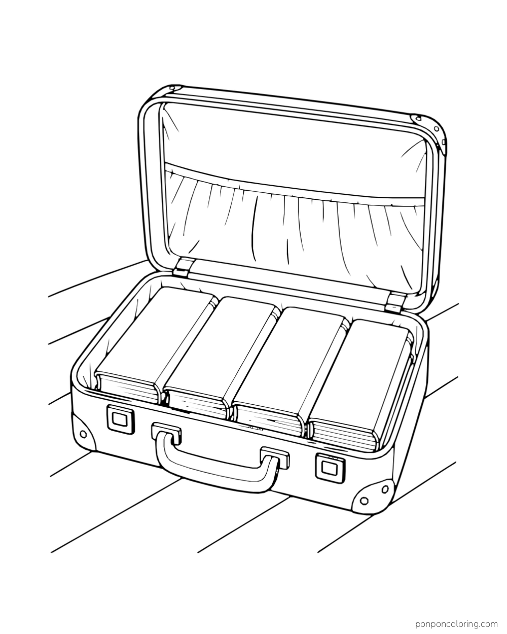 An open suitcase with four books packed inside.