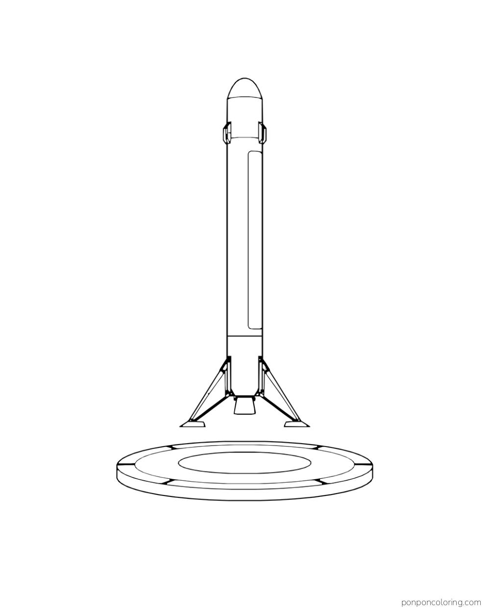 A tall rocket booster hovers above a circular landing pad with its legs open.