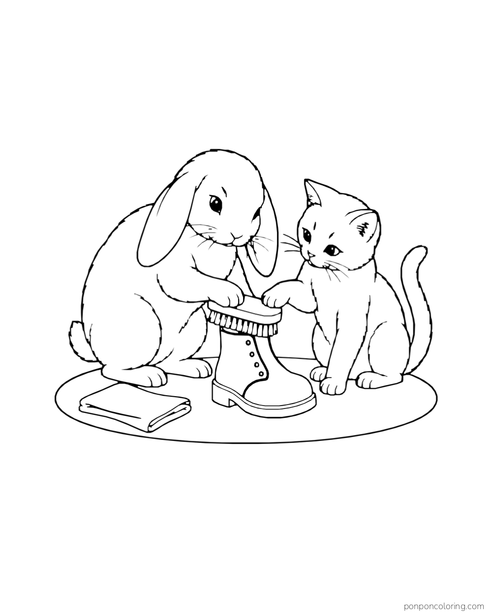 A lop-eared rabbit tends a small boot beside a cat on a floor mat.
