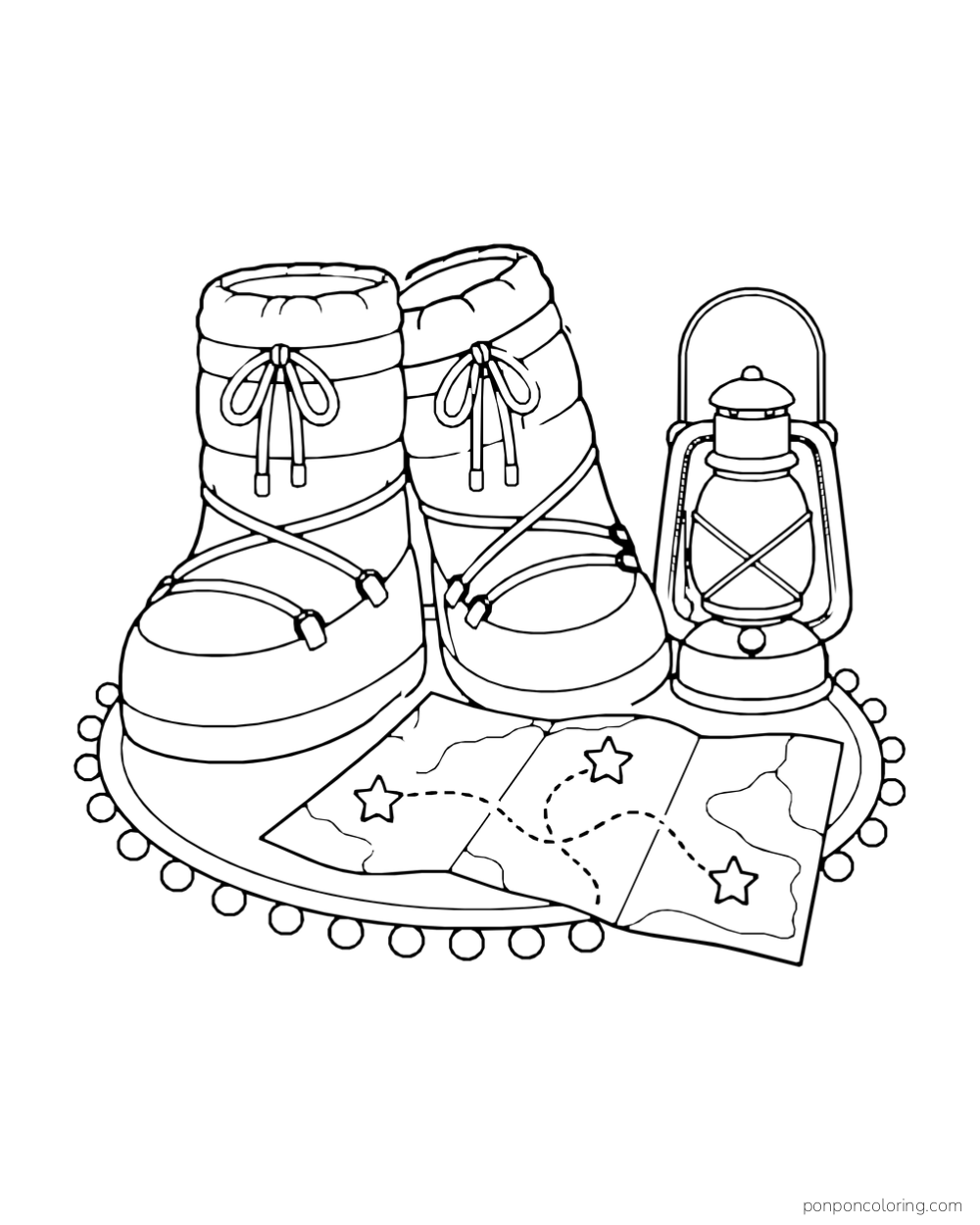 A pair of boots, a folded star map, and a lantern sit on a small rug.